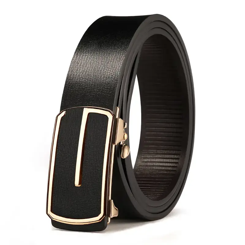 Men's Black Leather Belt with Gold Buckle - Image 3