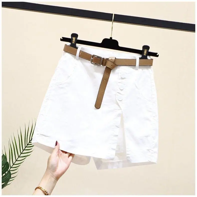 Women White Button Belt Shorts Pure Cotton Summer 2026