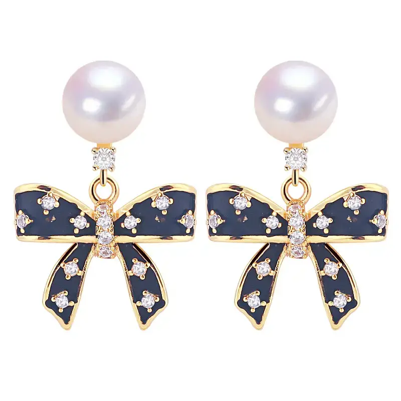 18K Gold Bow Pearl Earrings for Women - Image 7