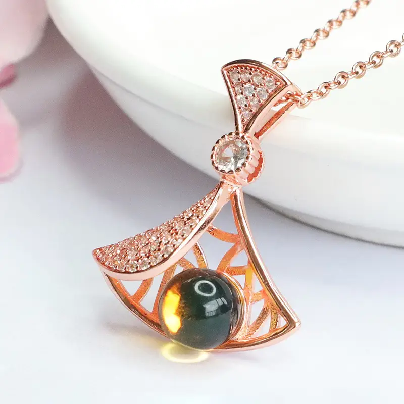 Guan Yu Fan Necklace with Blue Amber Pendant - Image 3