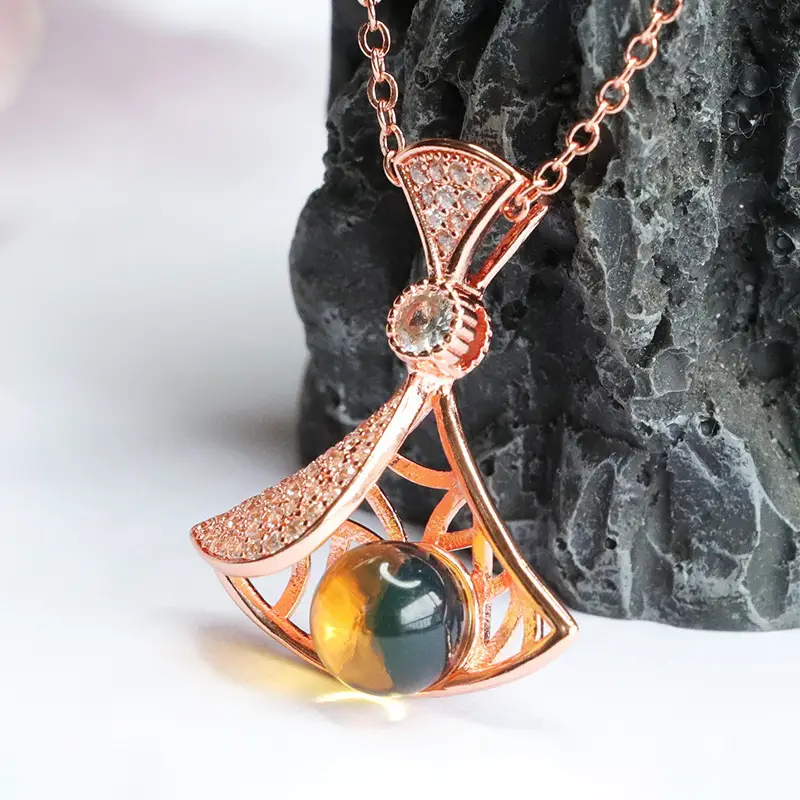 Guan Yu Fan Necklace with Blue Amber Pendant — feature 10