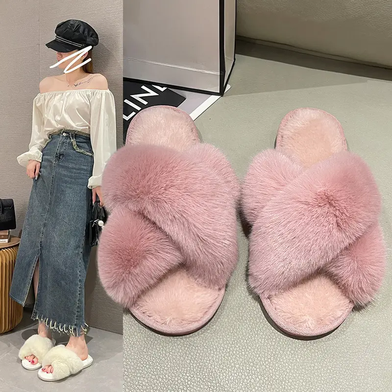 Amazon Slippers Winter Plush Cross Tape Cotton Indoor Warm Extra Large Fluffy Slippers Women's High and Low Big Rabbit Hair