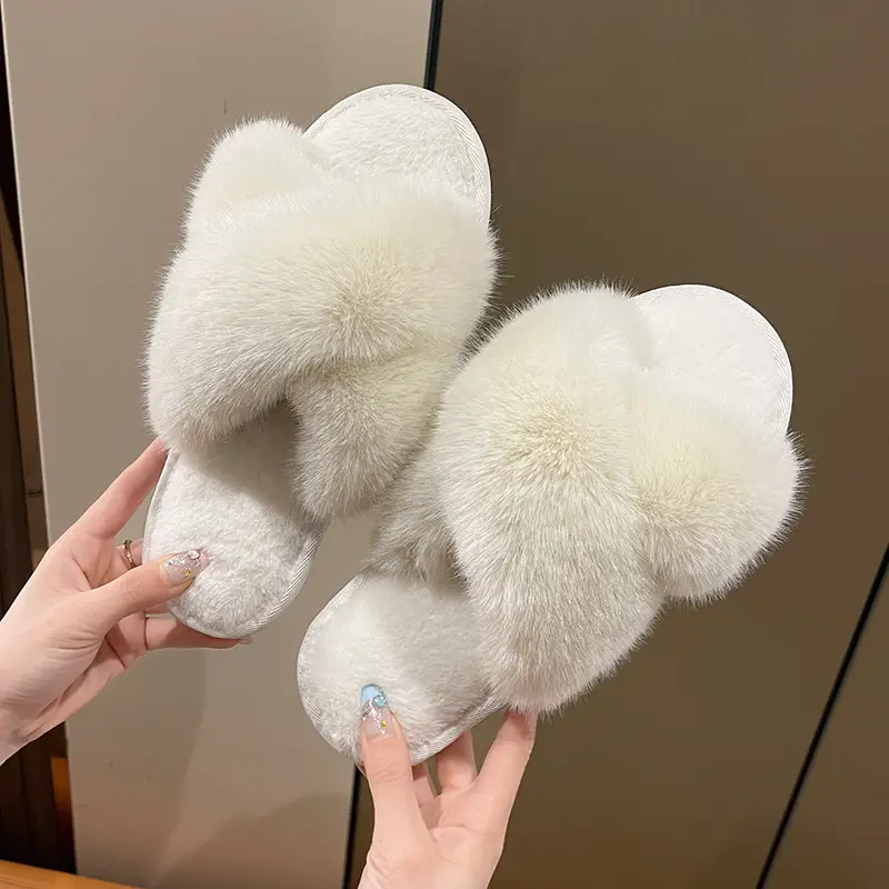 Amazon Slippers Winter Plush Cross Tape Cotton Indoor Warm Extra Large Fluffy Slippers Women's High and Low Big Rabbit Hair