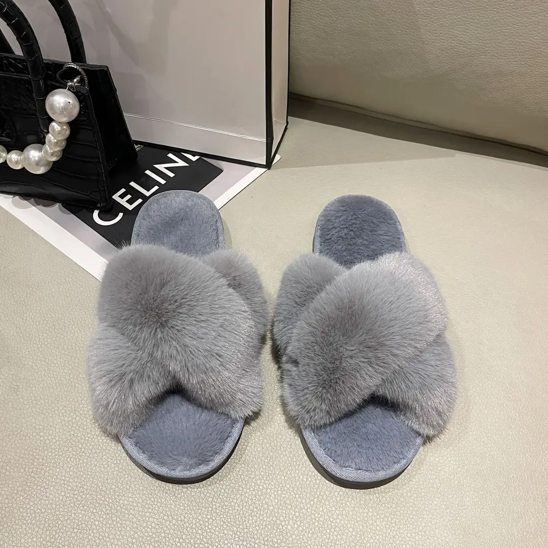 Amazon Slippers Winter Plush Cross Tape Cotton Indoor Warm Extra Large Fluffy Slippers Women's High and Low Big Rabbit Hair