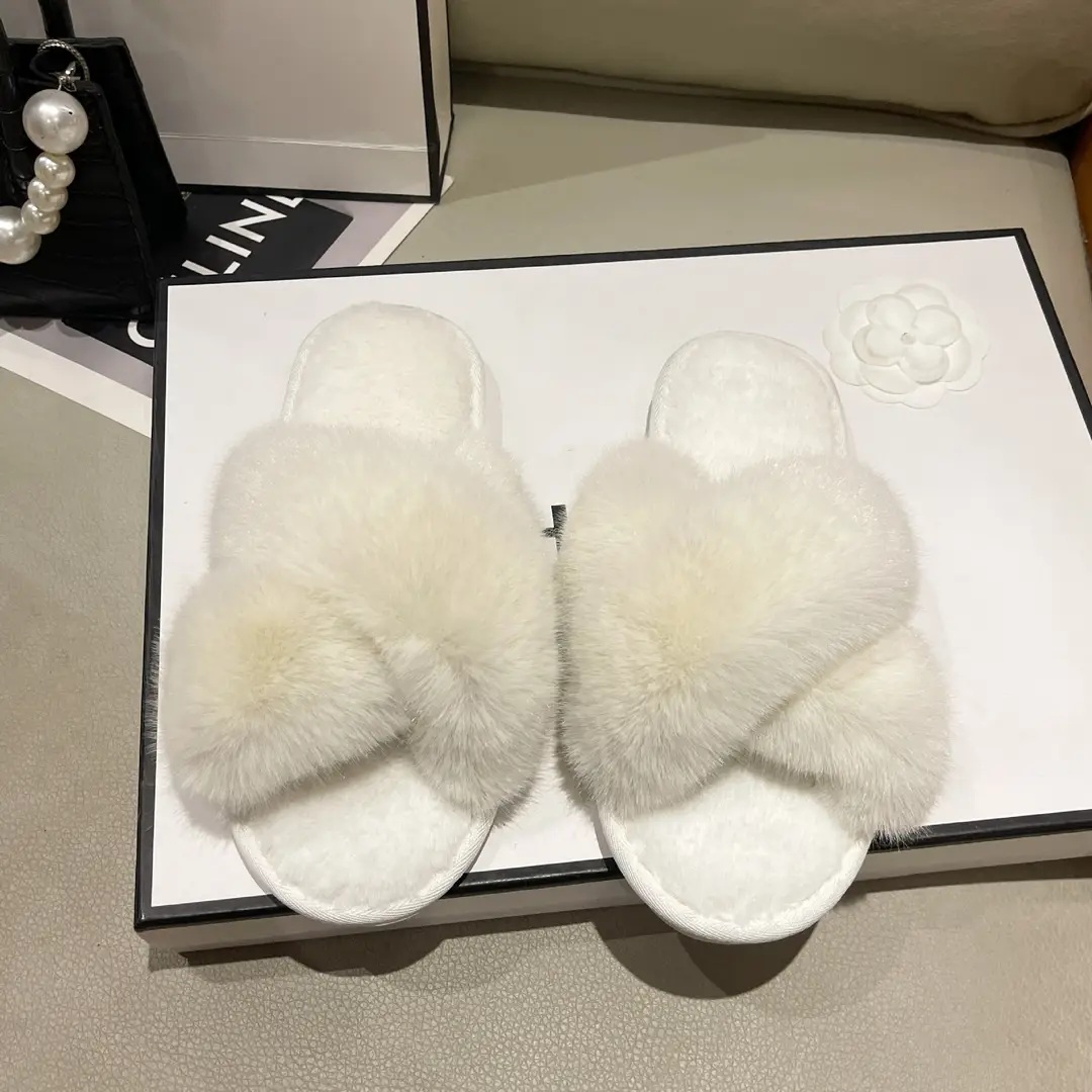 Amazon Slippers Winter Plush Cross Tape Cotton Indoor Warm Extra Large Fluffy Slippers Women's High and Low Big Rabbit Hair