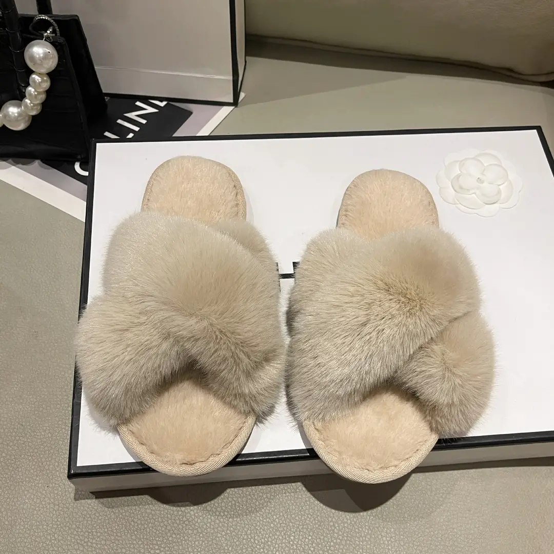Amazon Slippers Winter Plush Cross Tape Cotton Indoor Warm Extra Large Fluffy Slippers Women's High and Low Big Rabbit Hair