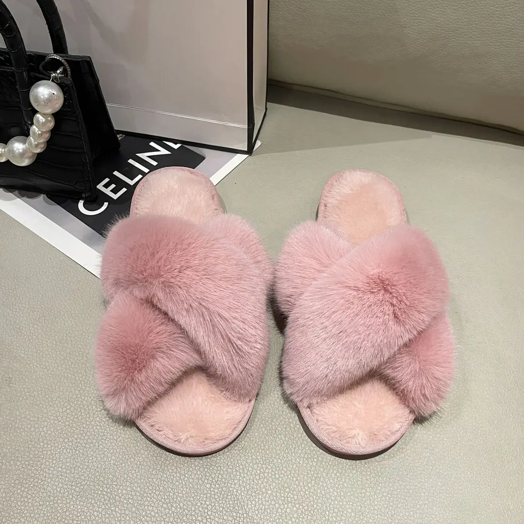 Amazon Slippers Winter Plush Cross Tape Cotton Indoor Warm Extra Large Fluffy Slippers Women's High and Low Big Rabbit Hair