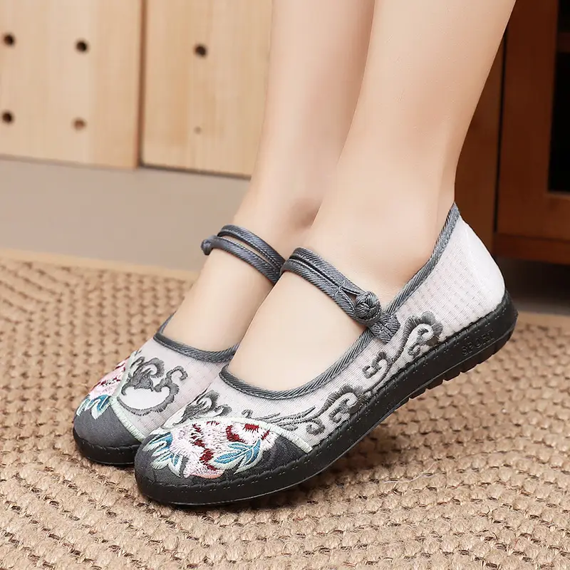 Women's Embroidered Net Mother Shoes Grey White Non-Slip Soft Sole - Image 2