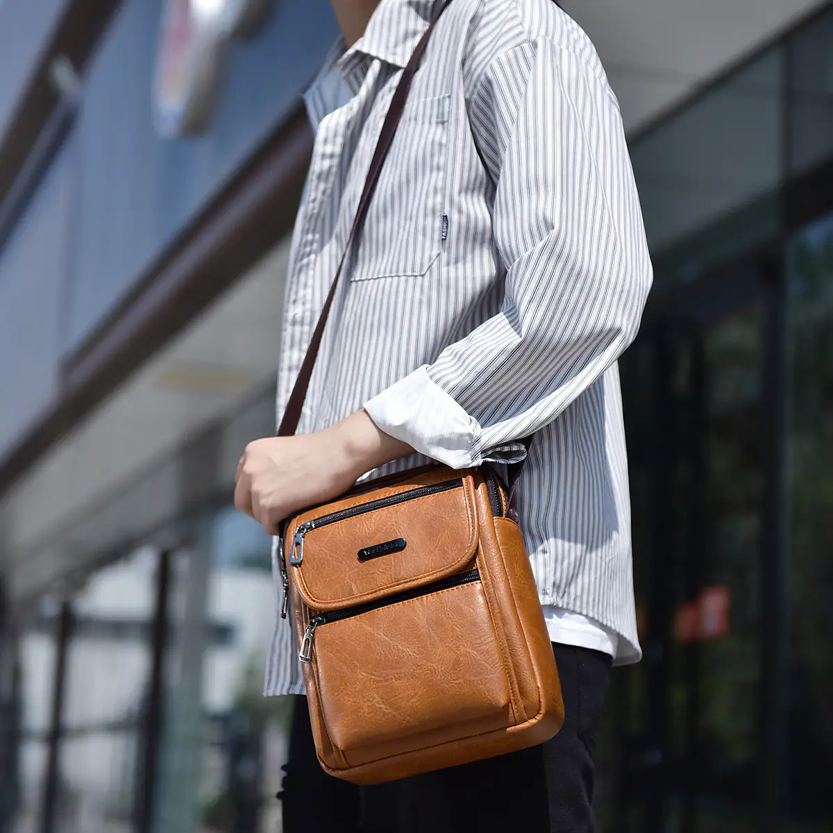 Men's Brown PU Leather Crossbody Bag with Detachable Strap - Image 6