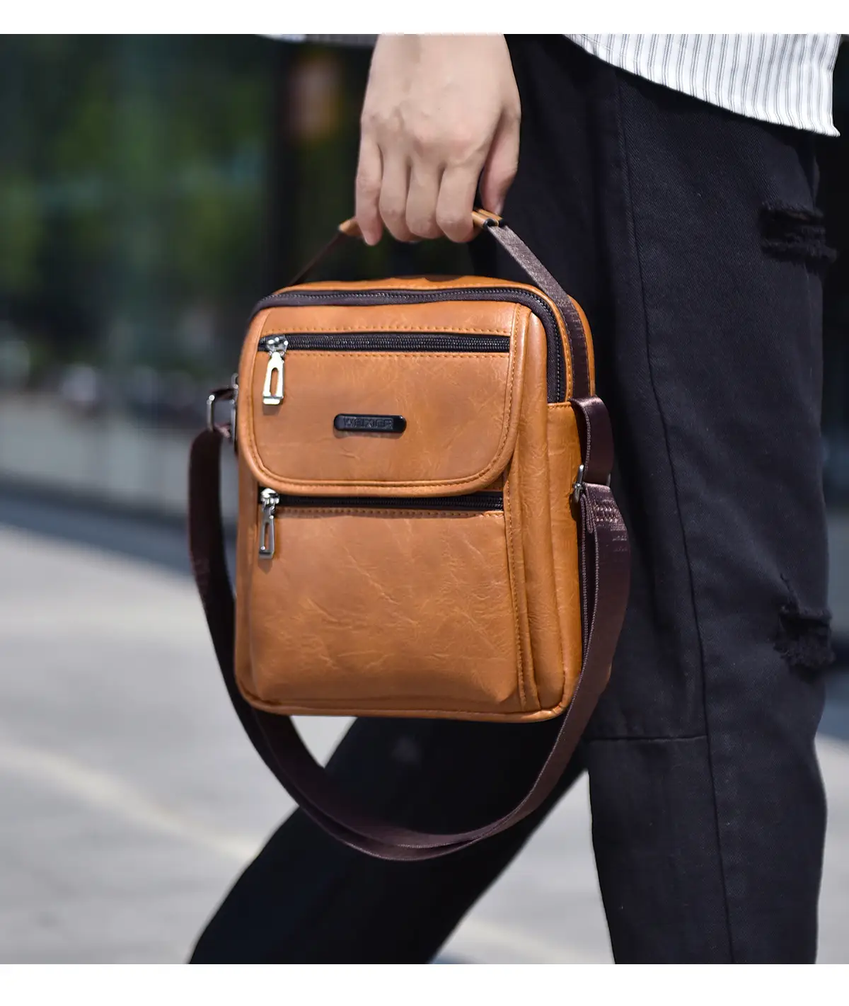 Men's Brown PU Leather Crossbody Bag with Detachable Strap — feature 14