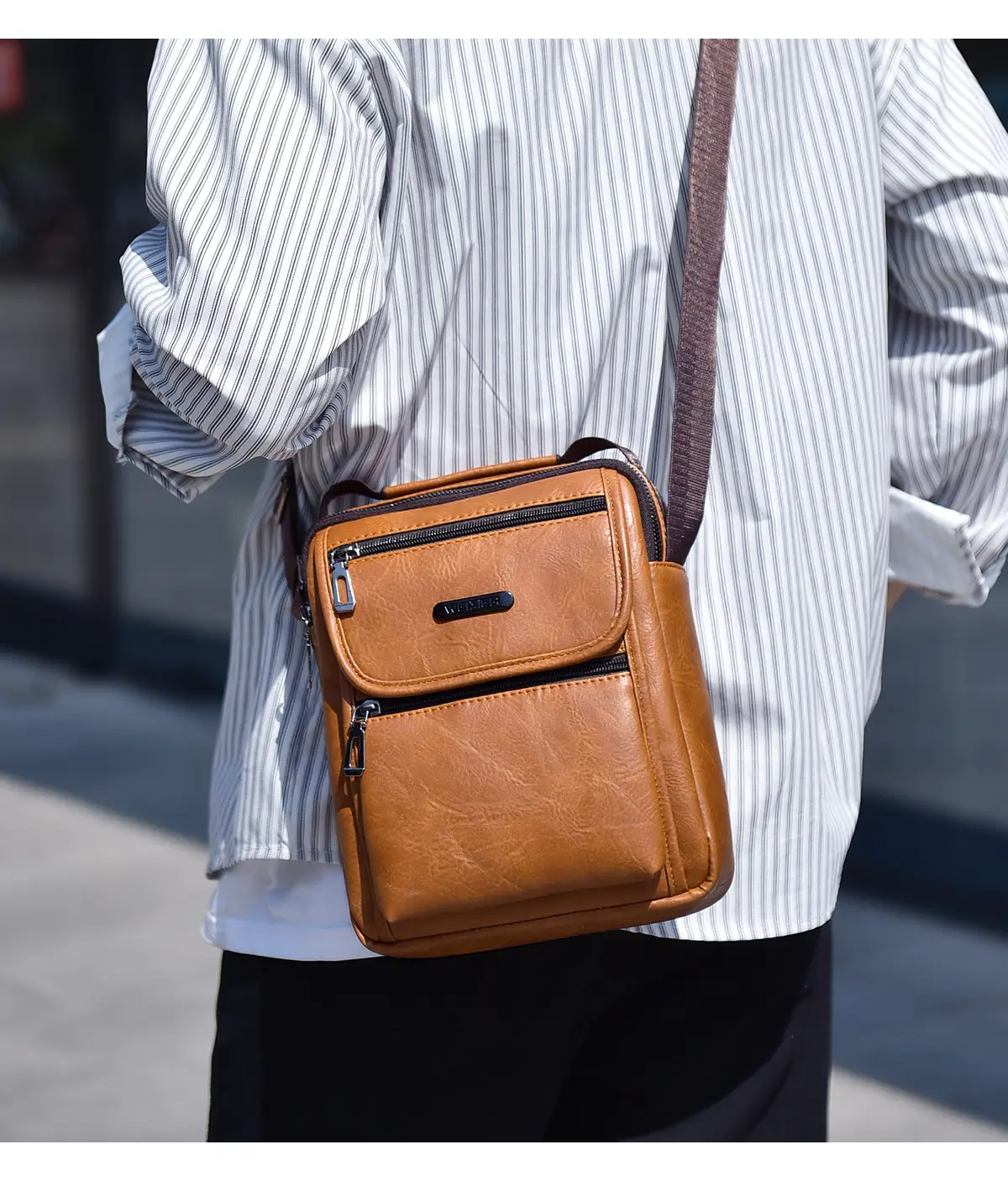 Men's Brown PU Leather Crossbody Bag with Detachable Strap — feature 15