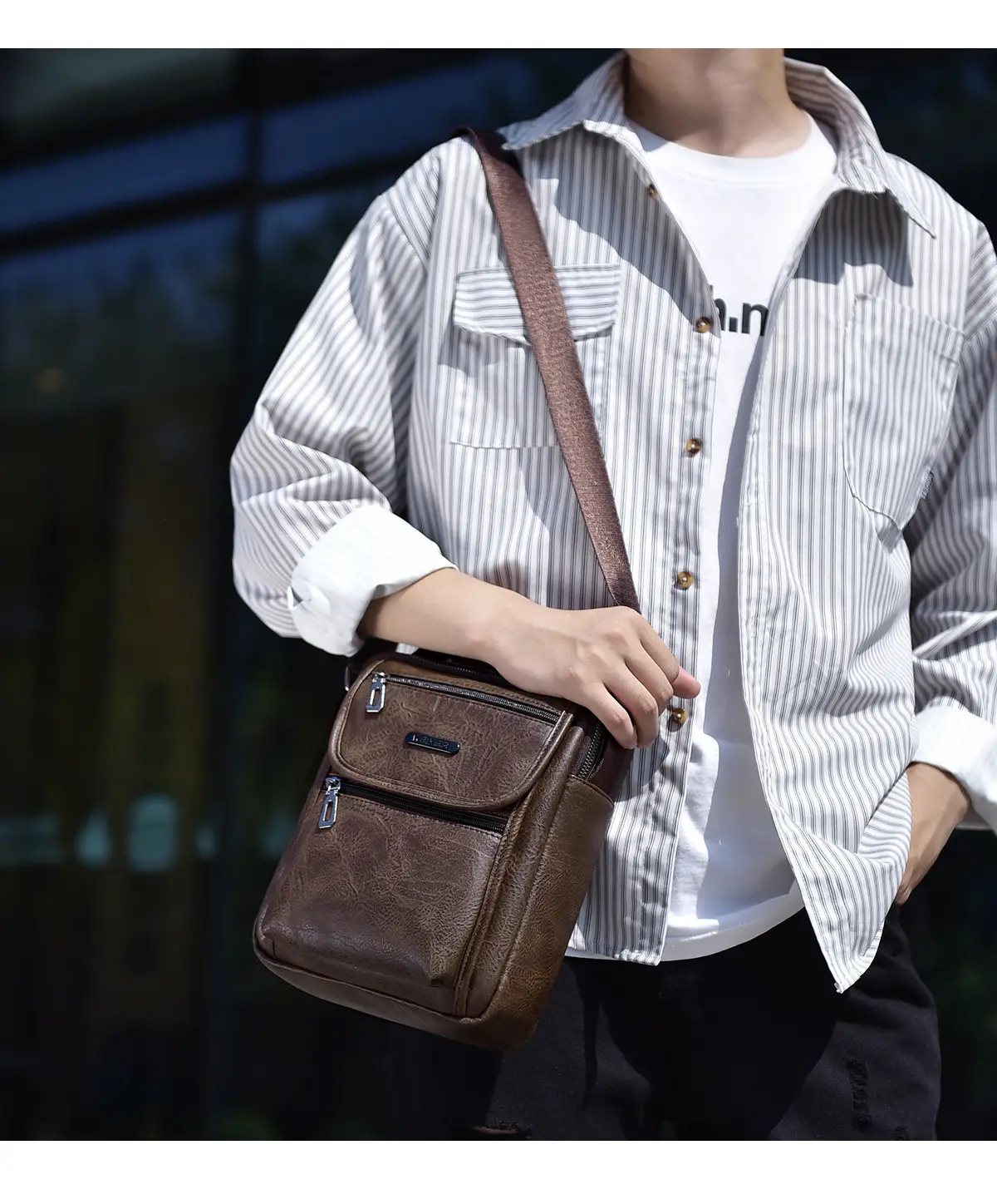 Men's Brown PU Leather Crossbody Bag with Detachable Strap — feature 17