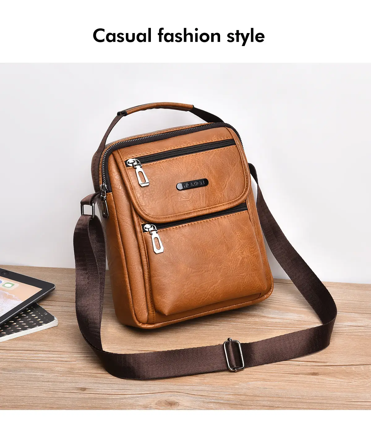 Men's Brown PU Leather Crossbody Bag with Detachable Strap — feature 21