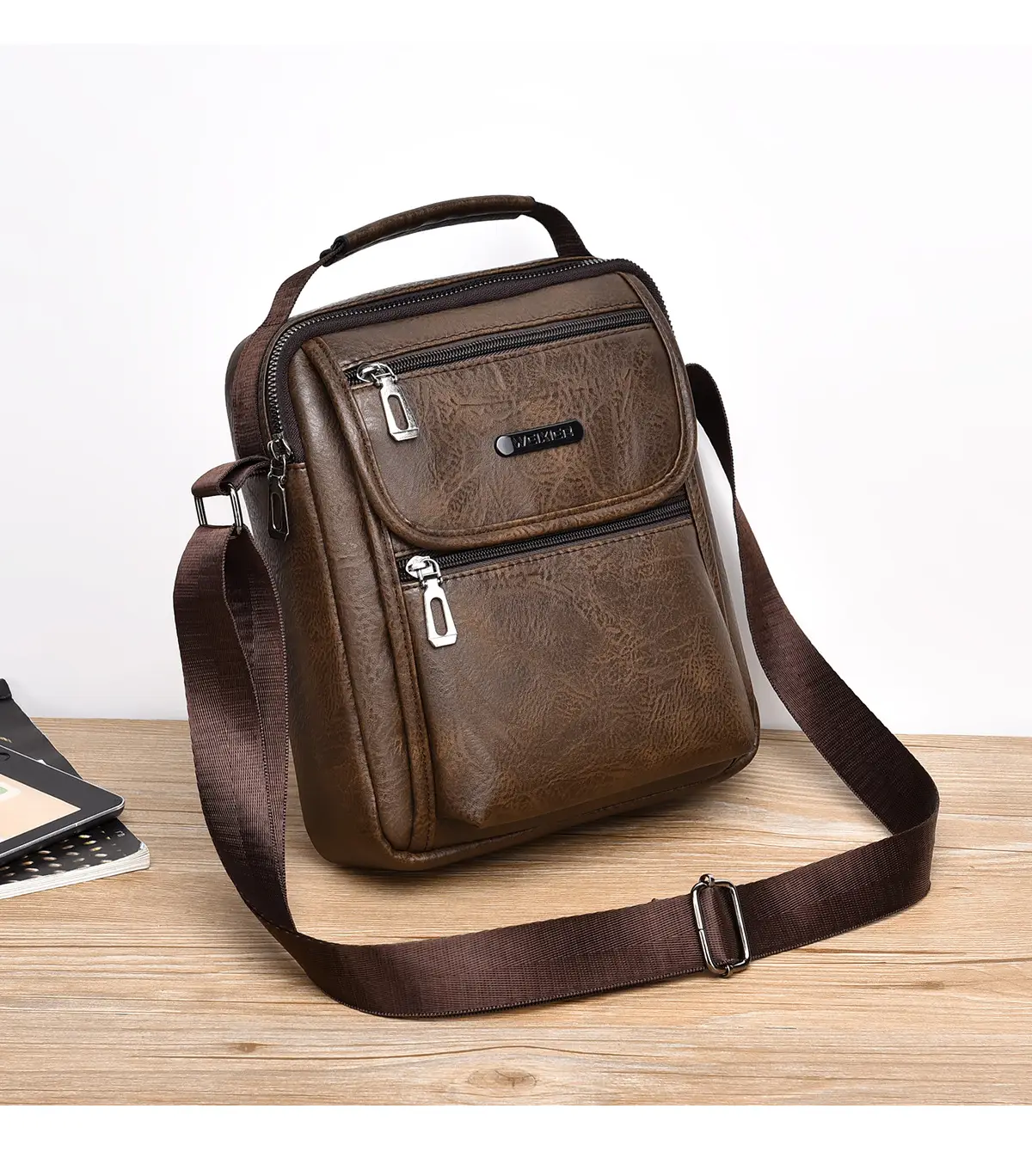 Men's Brown PU Leather Crossbody Bag with Detachable Strap — feature 22