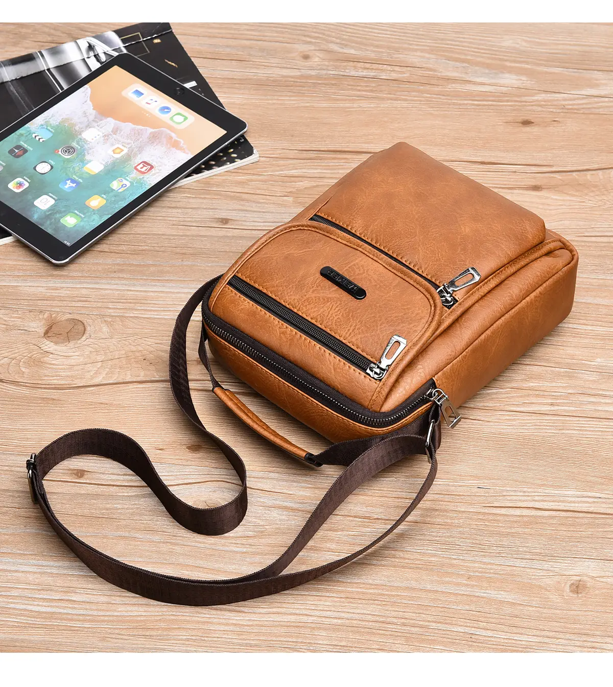 Men's Brown PU Leather Crossbody Bag with Detachable Strap — feature 4