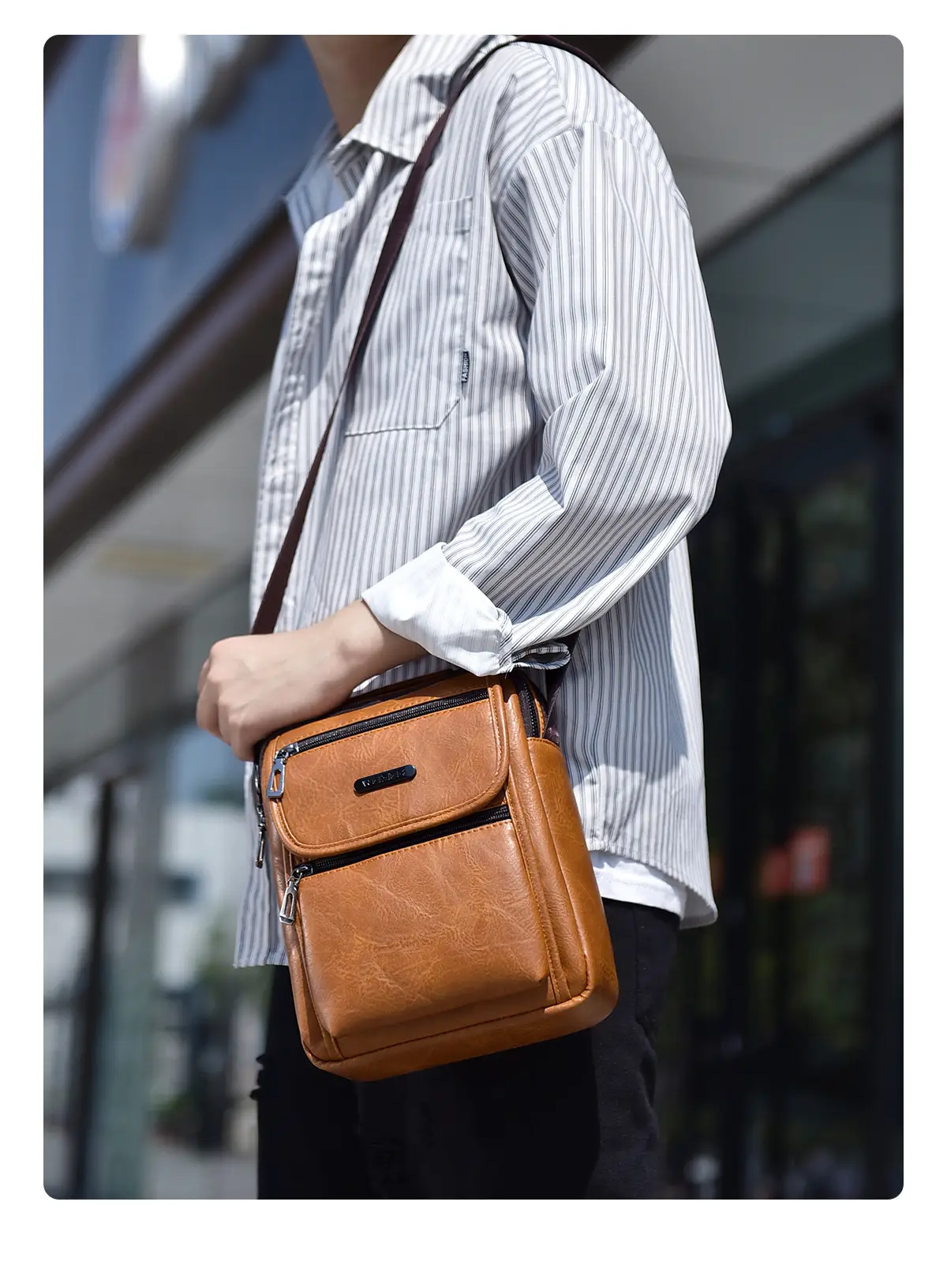 Men's Brown PU Leather Crossbody Bag with Detachable Strap — feature 5