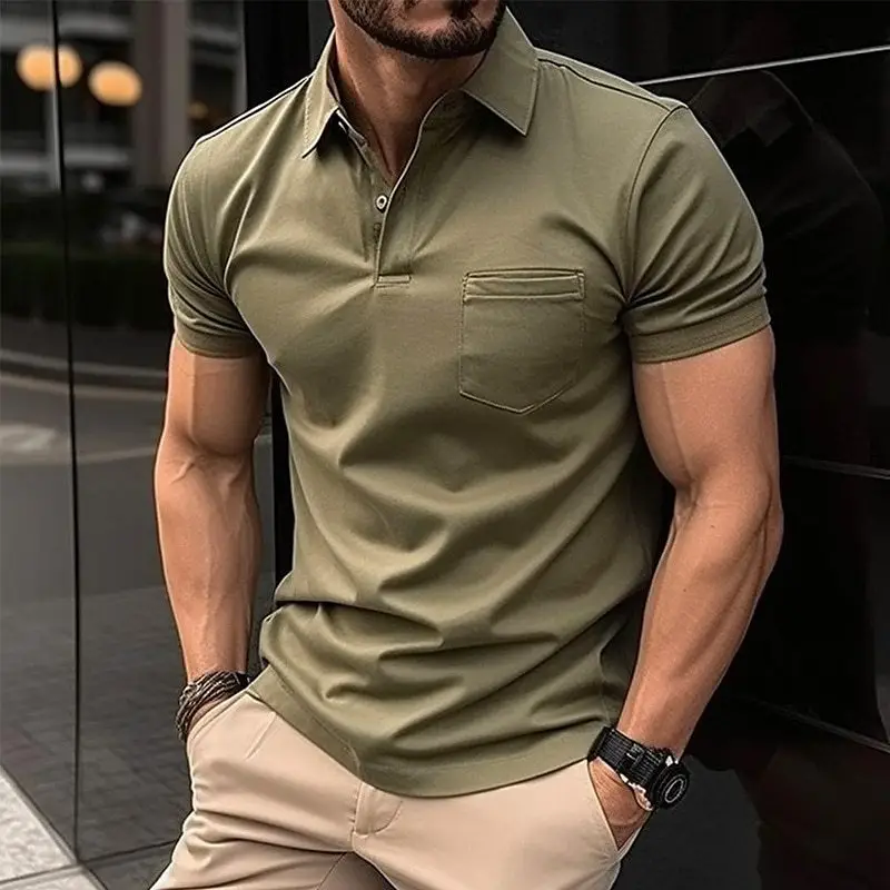 Men's Olive Polo Shirt with Chest Pocket 2023 Summer