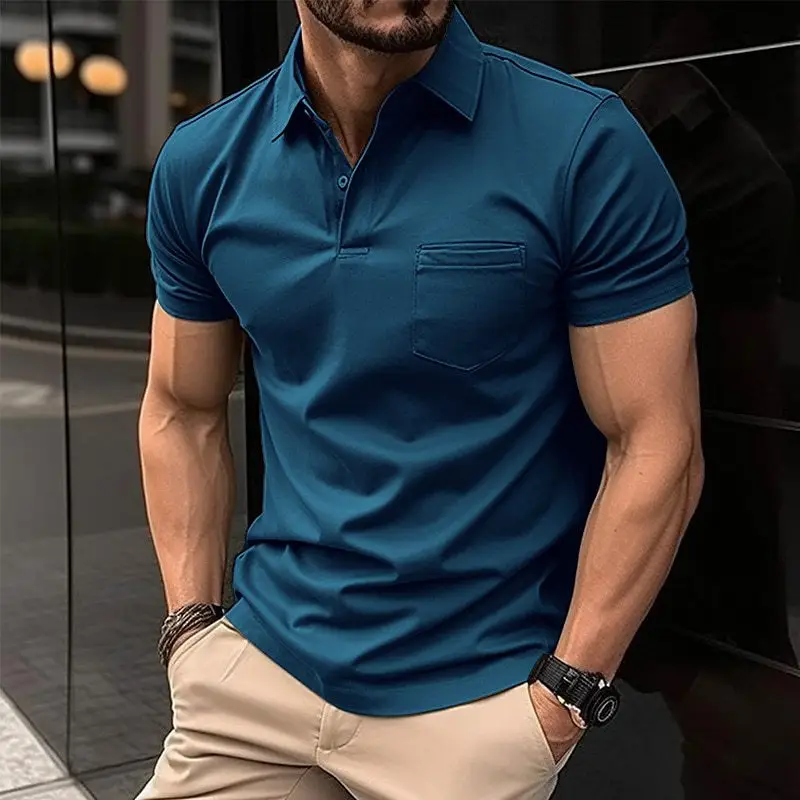 Men's Olive Polo Shirt with Chest Pocket 2023 Summer