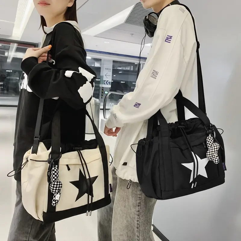 Star Print Drawstring Bag Black White Casual Crossbody 2024 - Image 6