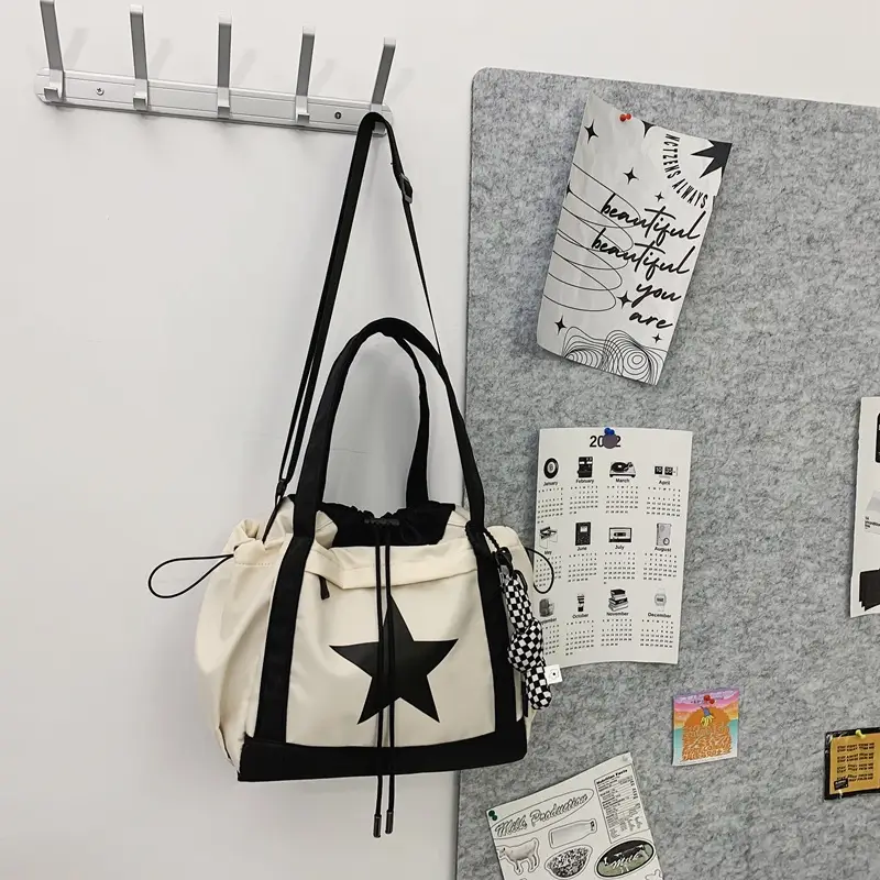 Star Print Drawstring Bag Black White Casual Crossbody 2024 - Image 2