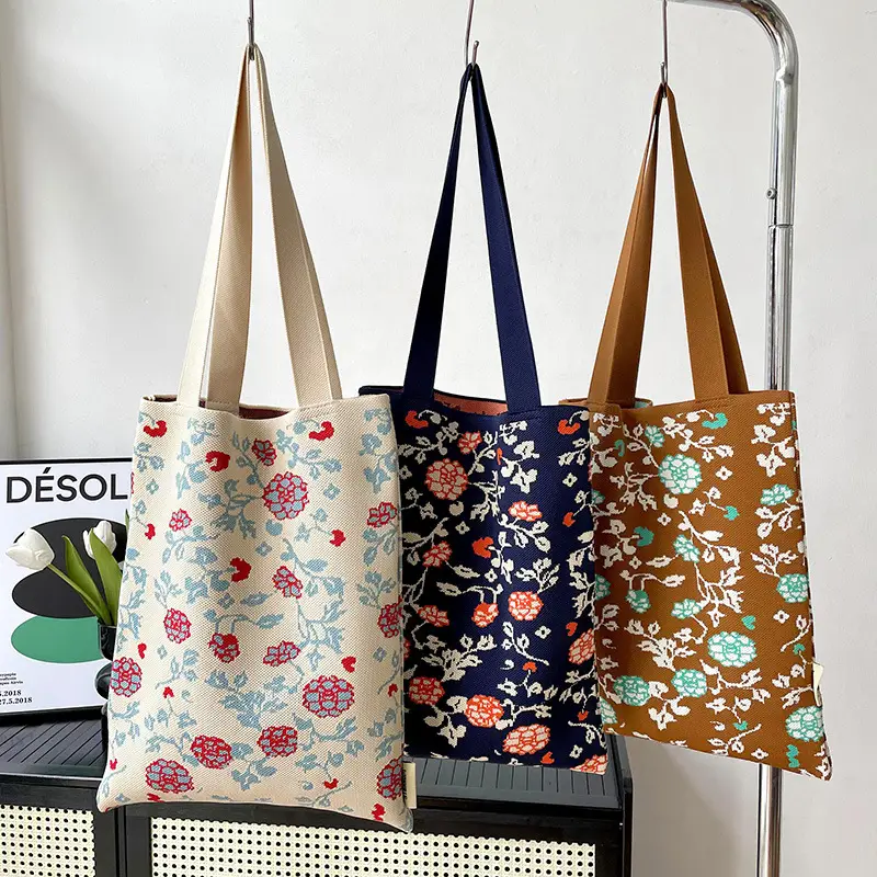 Women's Floral Knitted Tote Bag Brown Large Capacity - Image 2