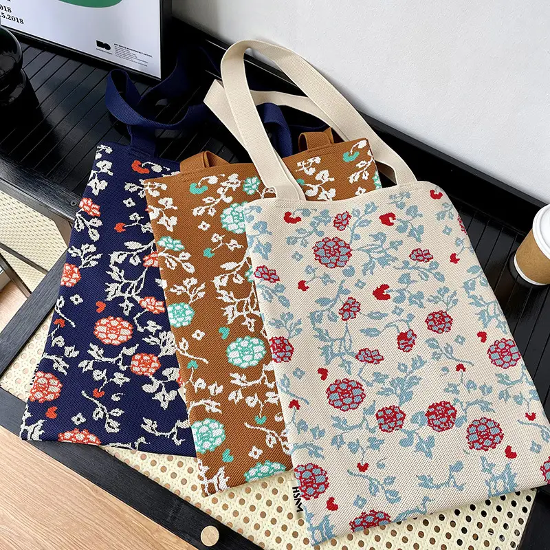 Women's Floral Knitted Tote Bag Brown Large Capacity - Image 3