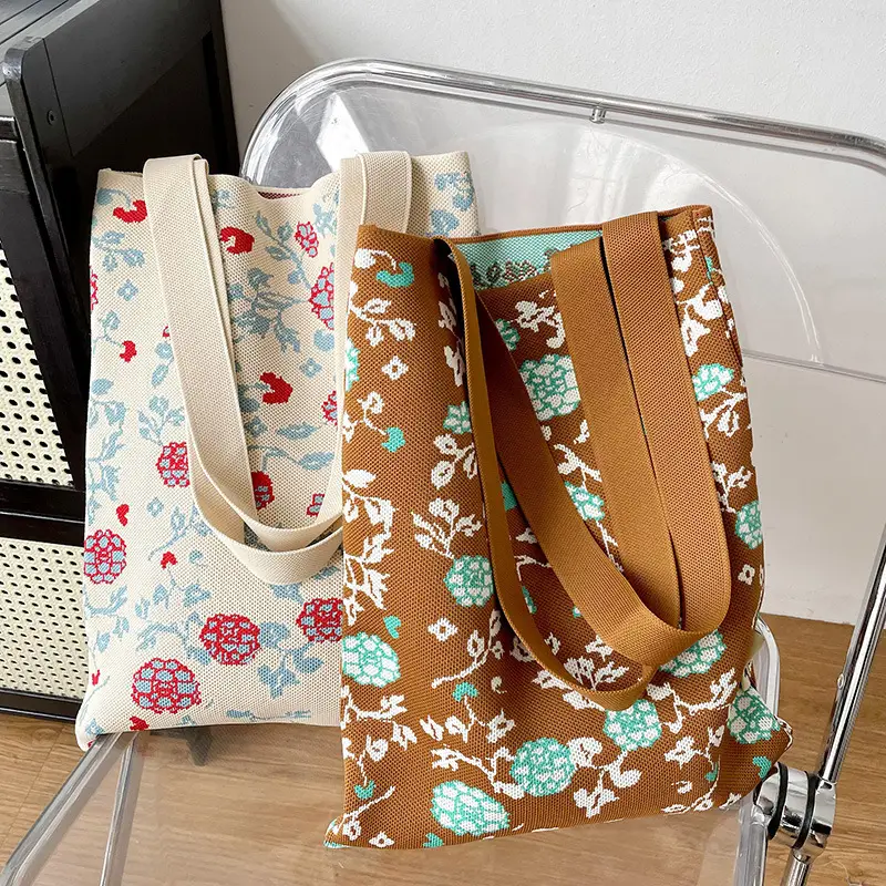 Women's Floral Knitted Tote Bag Brown Large Capacity - Image 4