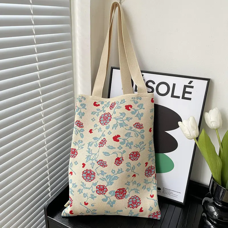 Women's Floral Knitted Tote Bag Brown Large Capacity - Image 5