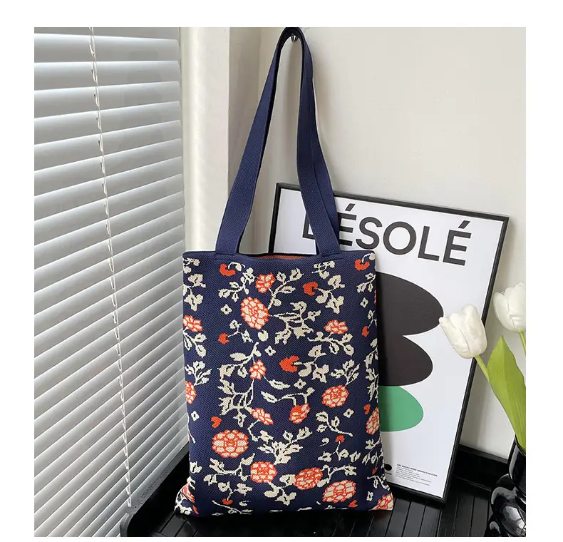 Women's Floral Knitted Tote Bag Brown Large Capacity — feature 11