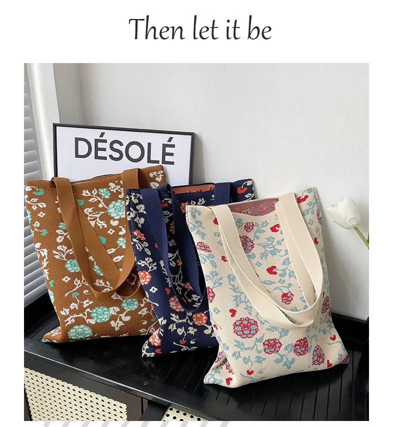 Women's Floral Knitted Tote Bag Brown Large Capacity — feature 12
