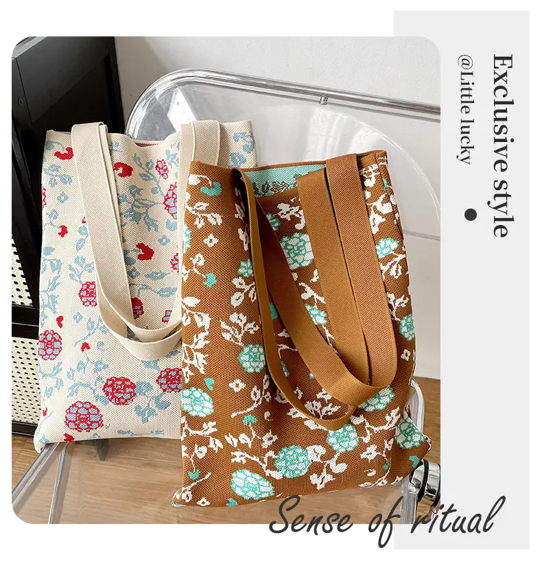 Women's Floral Knitted Tote Bag Brown Large Capacity — feature 6