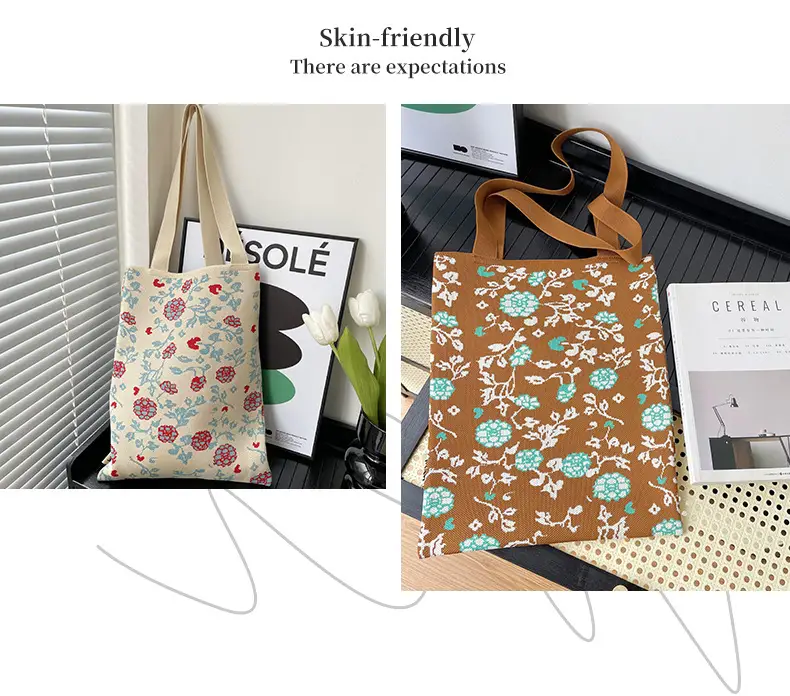 Women's Floral Knitted Tote Bag Brown Large Capacity — feature 8