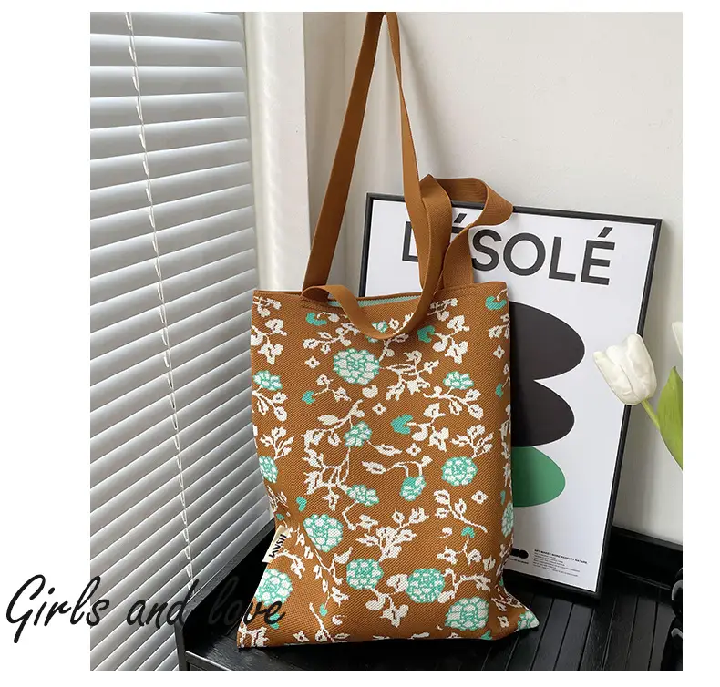 Women's Floral Knitted Tote Bag Brown Large Capacity — feature 9