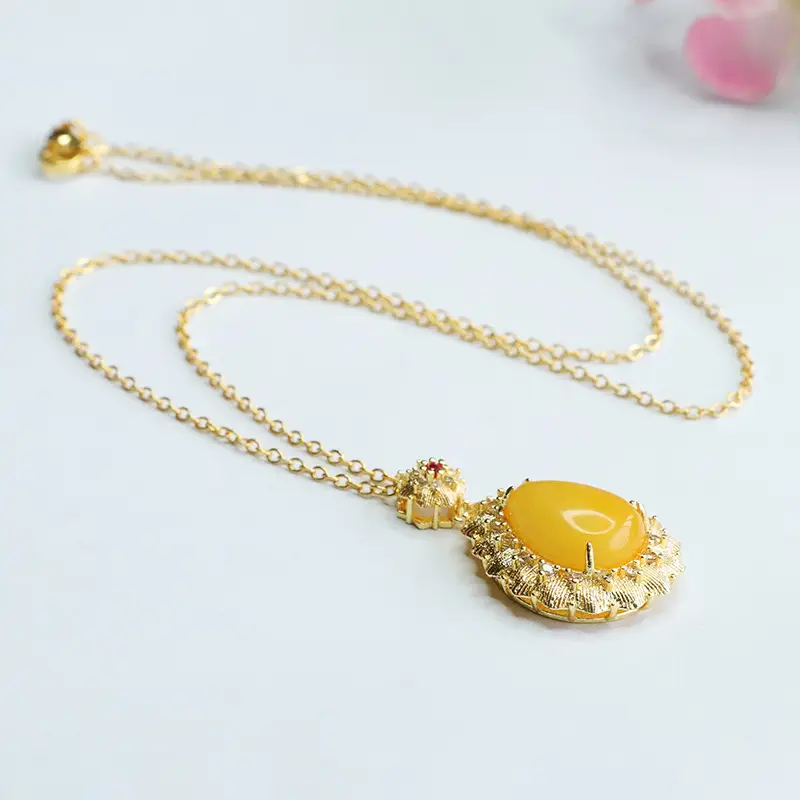Guan Yu Natural Amber Pendant Full Honey Chicken Oil Yellow Water Drop Necklace - Image 6