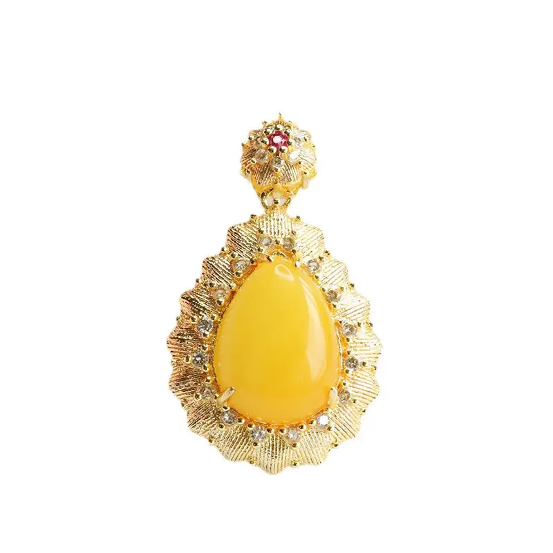 Guan Yu Natural Amber Pendant Full Honey Chicken Oil Yellow Water Drop Necklace - Image 7