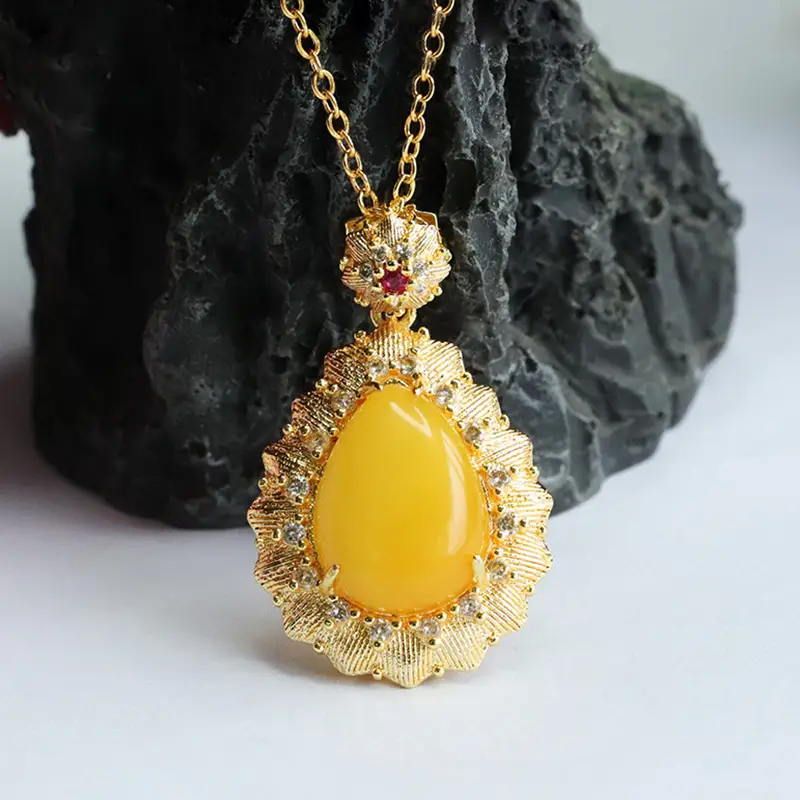 Guan Yu Natural Amber Pendant Full Honey Chicken Oil Yellow Water Drop Necklace - Image 2