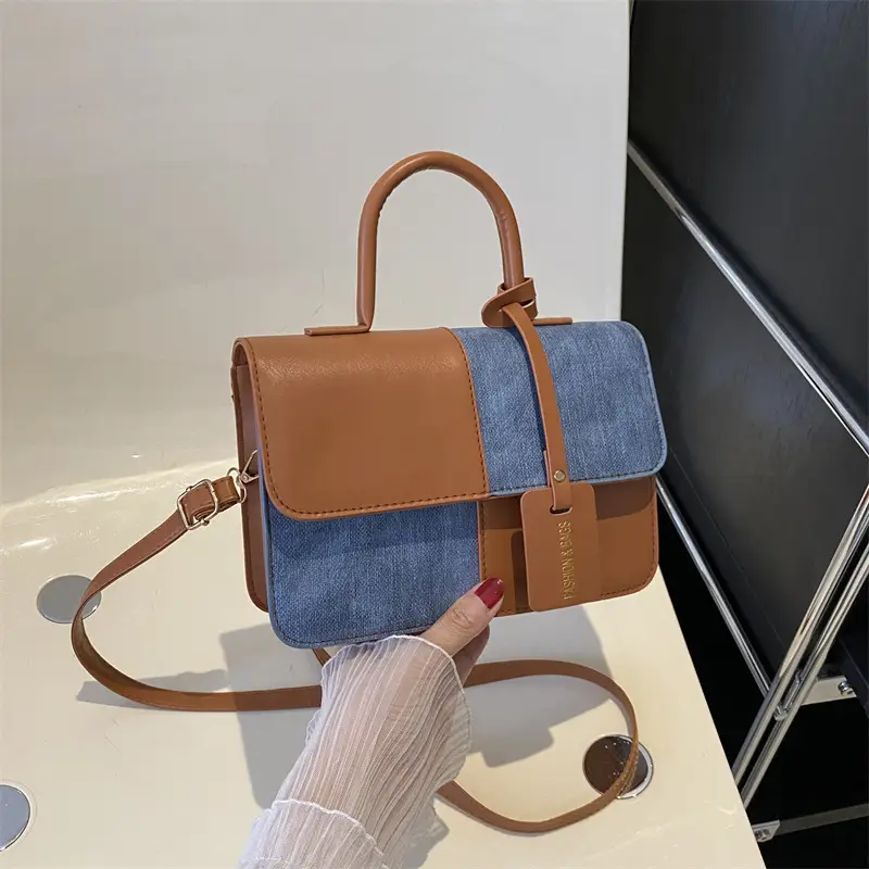 Women's 2-Piece Leather Denim Shoulder Bag Brown Blue