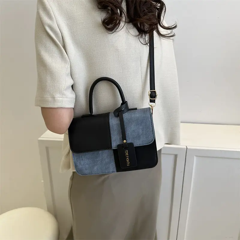 Women's 2-Piece Leather Denim Shoulder Bag Brown Blue
