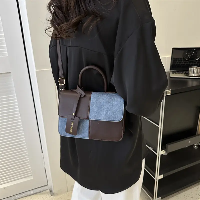 Women's 2-Piece Leather Denim Shoulder Bag Brown Blue