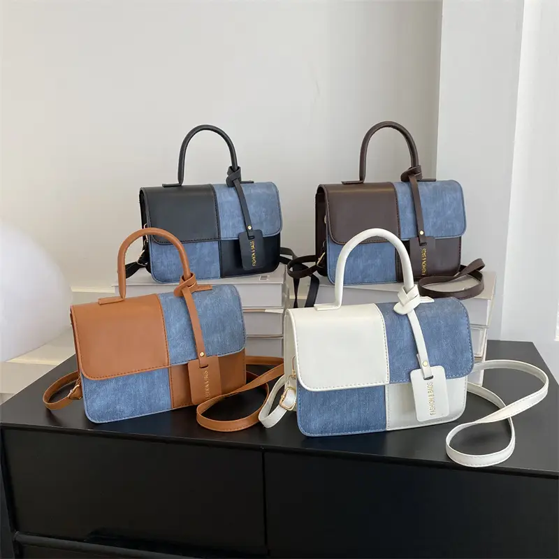 Women's 2-Piece Leather Denim Shoulder Bag Brown Blue