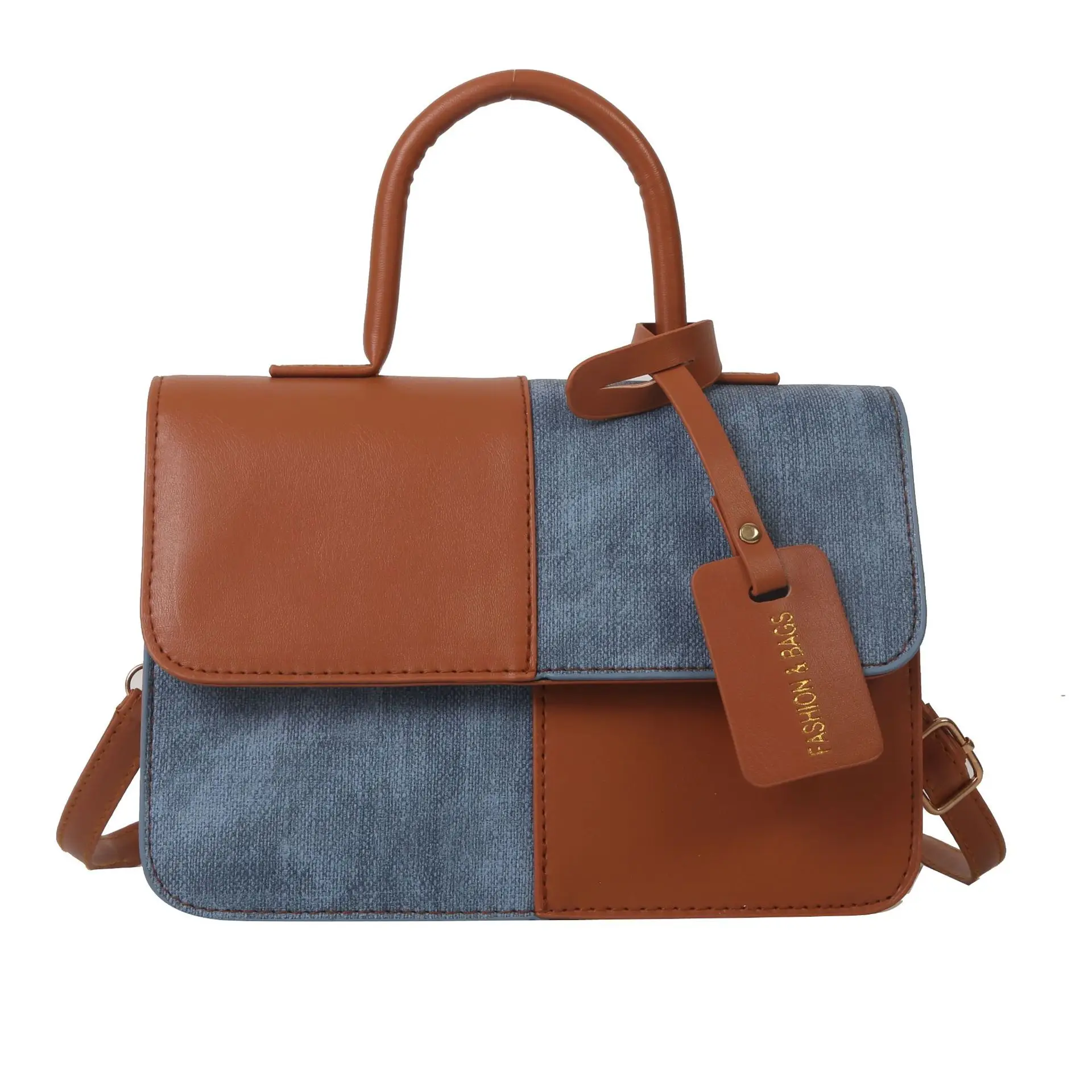 Women's 2-Piece Leather Denim Shoulder Bag Brown Blue