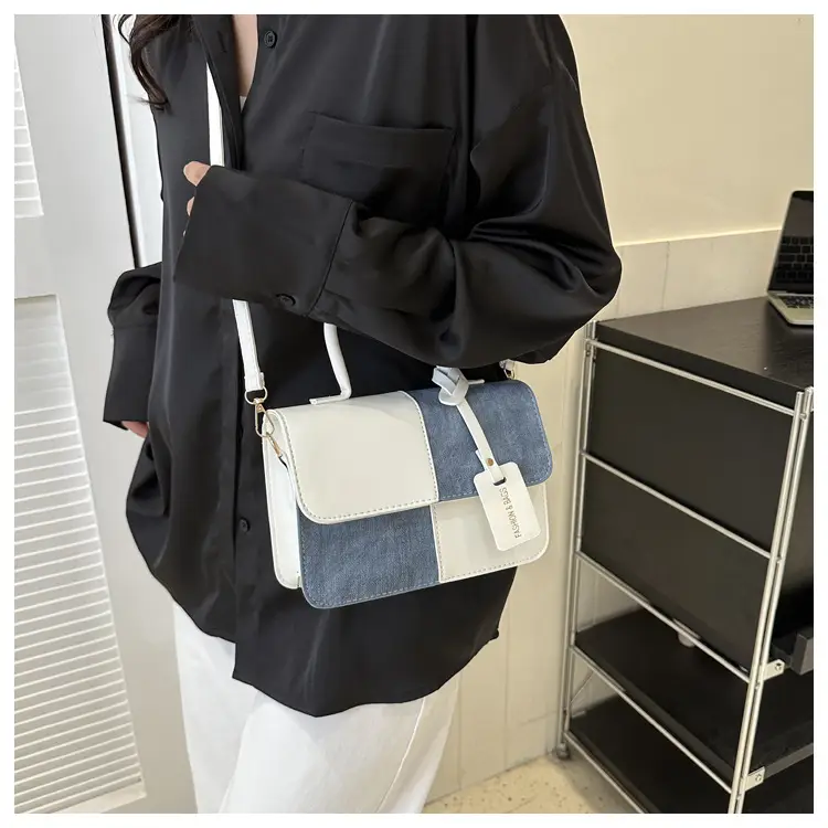 Women's 2-Piece Leather Denim Shoulder Bag Brown Blue — feature 10