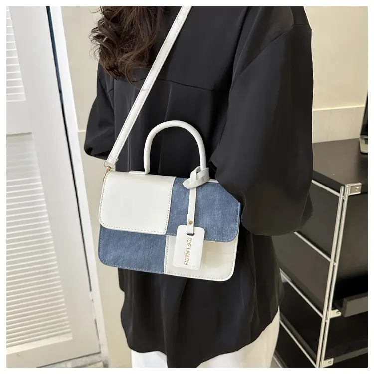 Women's 2-Piece Leather Denim Shoulder Bag Brown Blue — feature 11