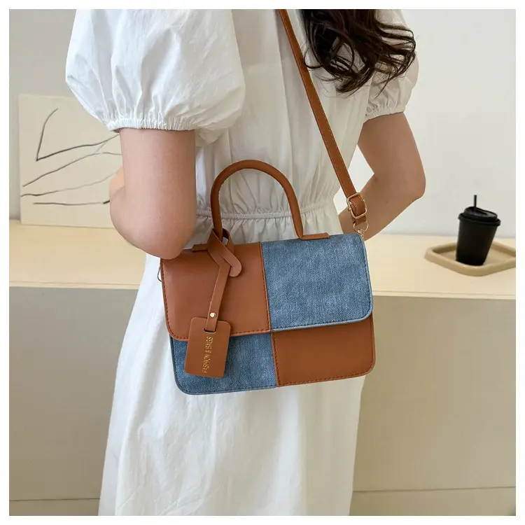 Women's 2-Piece Leather Denim Shoulder Bag Brown Blue — feature 12