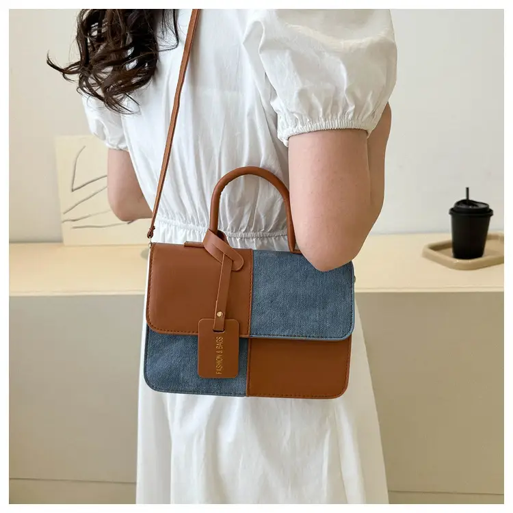 Women's 2-Piece Leather Denim Shoulder Bag Brown Blue — feature 13