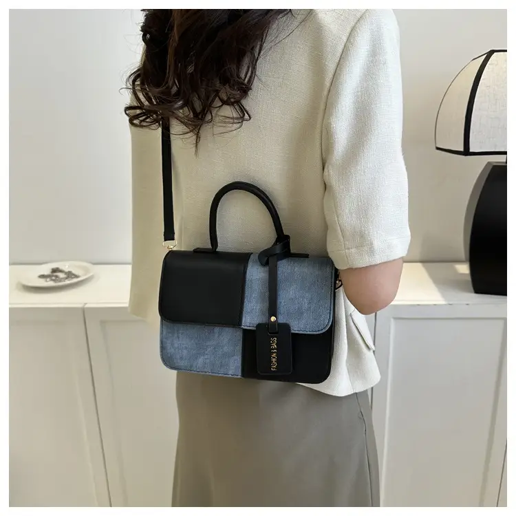 Women's 2-Piece Leather Denim Shoulder Bag Brown Blue — feature 15