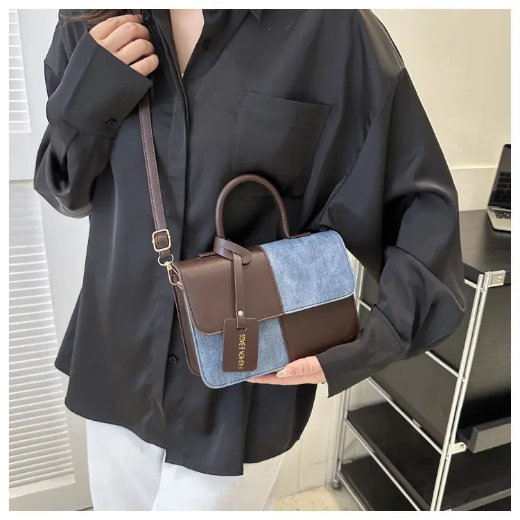 Women's 2-Piece Leather Denim Shoulder Bag Brown Blue — feature 16
