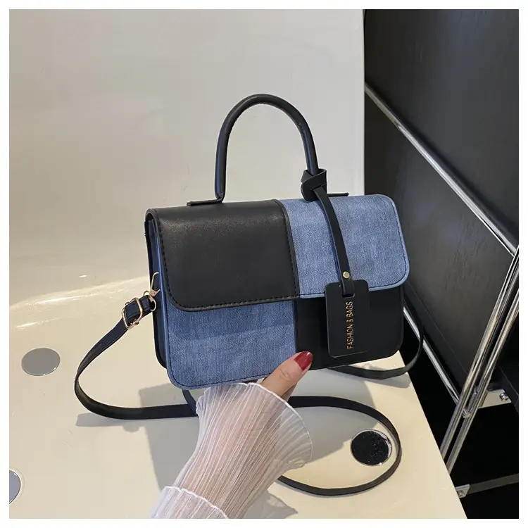 Women's 2-Piece Leather Denim Shoulder Bag Brown Blue — feature 19