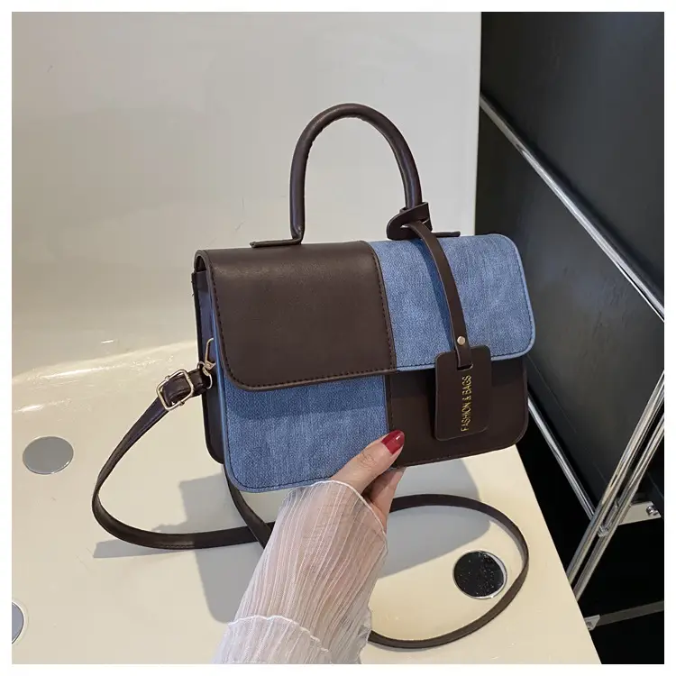 Women's 2-Piece Leather Denim Shoulder Bag Brown Blue — feature 20