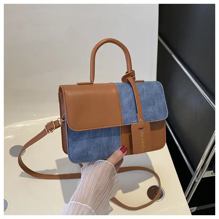 Women's 2-Piece Leather Denim Shoulder Bag Brown Blue — feature 21